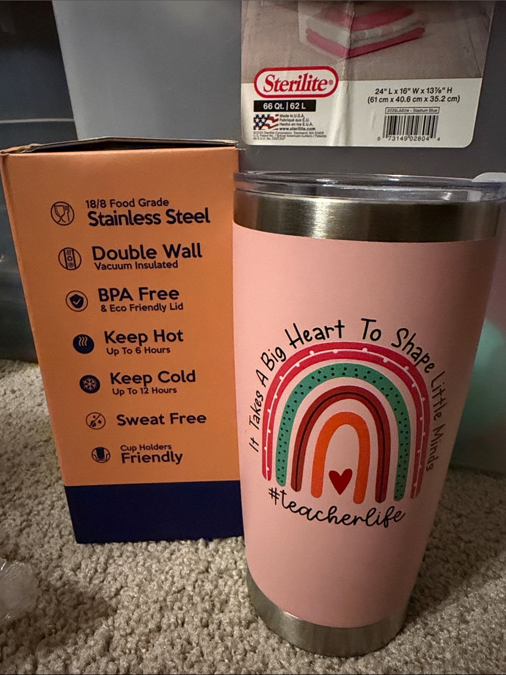 Pink Teacherlife Stainless Steel Tumbler with Rainbow Design